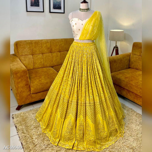 Lemon Yellow Colour Embroidered Attractive Party Wear Silk Lehenga choli